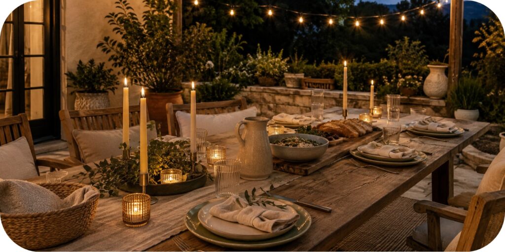 Backyard patio table with oatmeal linens, ivory and sage dinnerware, ribbed glasses, candles, serving boards, and glowing string lights at dusk.