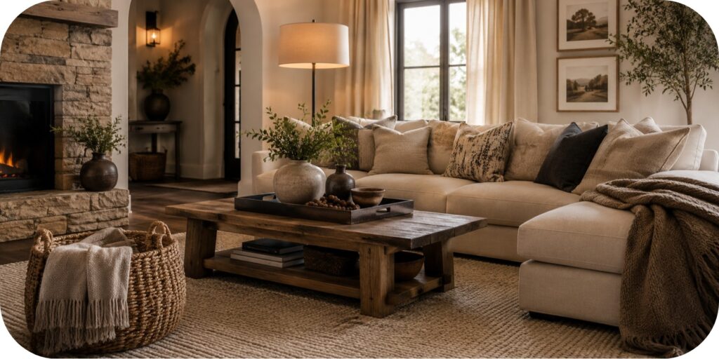A warm neutral living room styled with layered textiles, a textured rug, woven basket, comfortable sofa, wood coffee table, ceramic décor, greenery, and soft lighting creating a calm curated atmosphere.