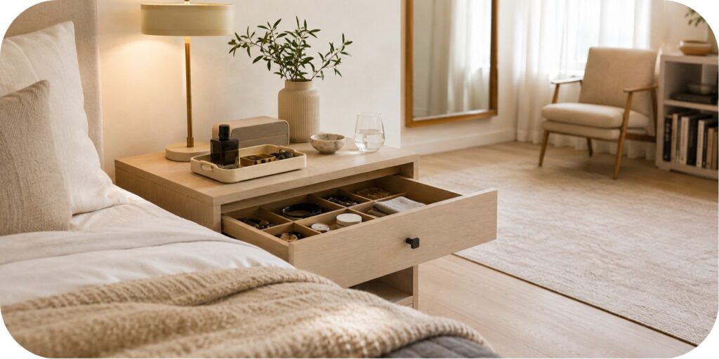 Bright minimalist bedroom with a light wood nightstand, open organized drawer, slim lamp, decorative tray, glass, greenery, and neutral bedding.