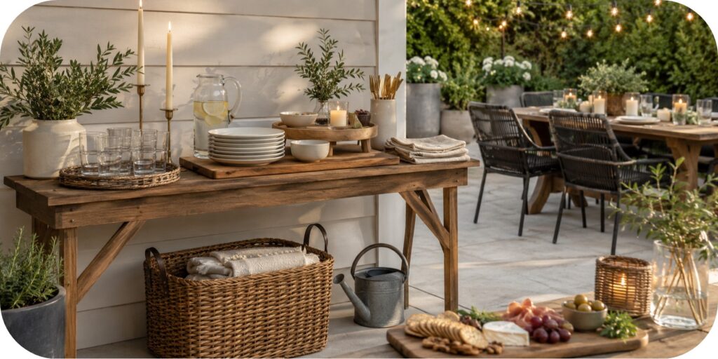 Warm wood outdoor serving table with stacked plates, glassware, serving boards, folded napkins, greenery, candles, and a backyard dining area behind it.