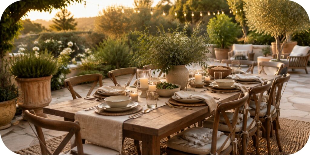 A warm outdoor dining setup with a wooden table, neutral linens, ceramic tableware, candles, greenery, planters, string lights, and a relaxed garden atmosphere at golden hour.