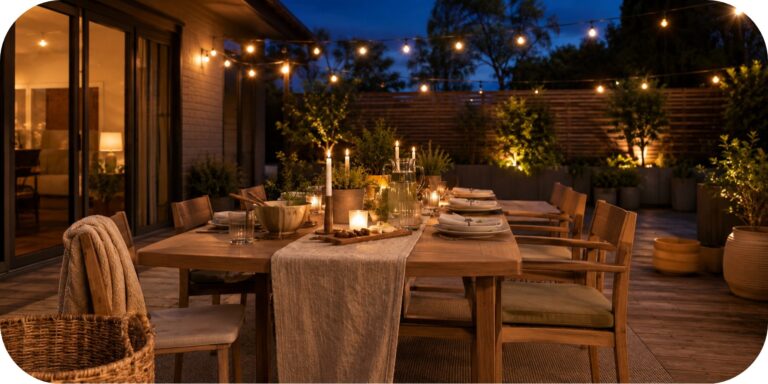 Warm wood backyard dining table with neutral place settings, soft seat cushions, string lights, candles, greenery, and a woven basket at dusk.