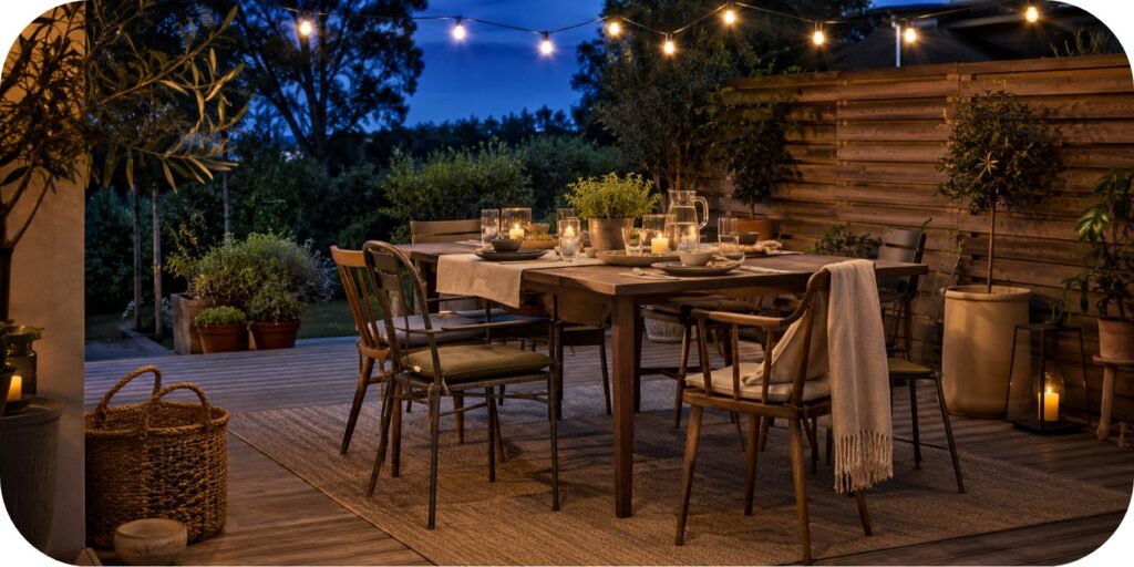 Wooden deck dining setup with mismatched chairs, neutral seat cushions, soft candlelight, string lights, planters, and a privacy screen at dusk.