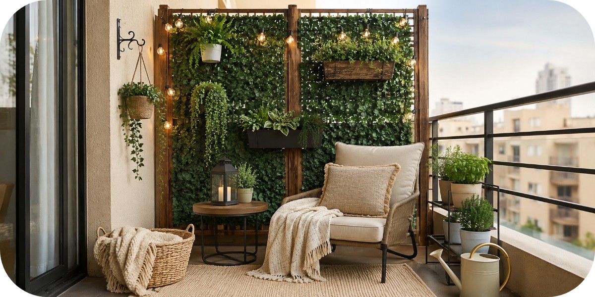Small apartment balcony with a renter-friendly greenery wall, lounge chair, neutral outdoor rug, string lights, planters, and cozy woven accents.