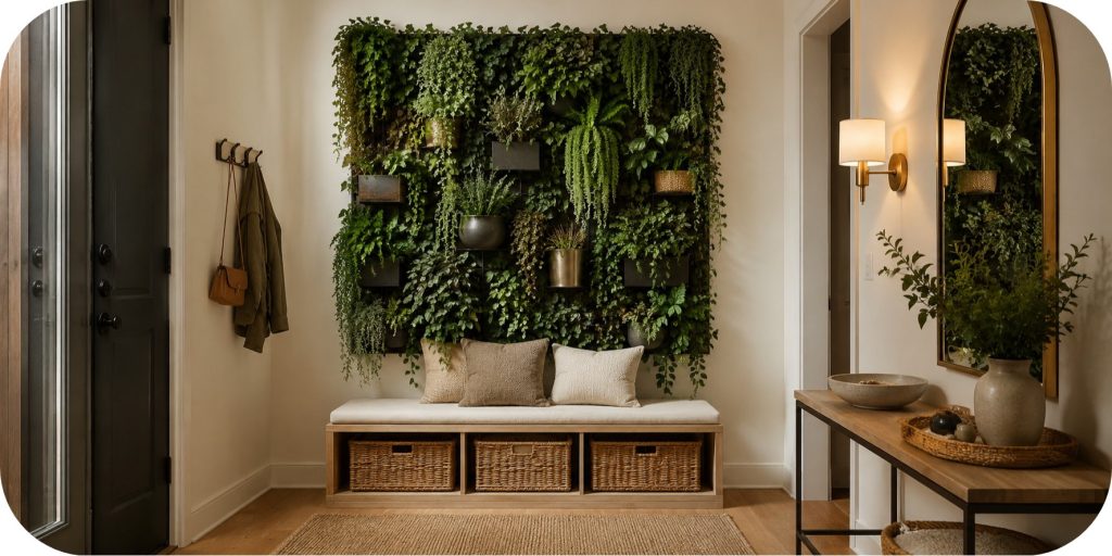 Warm neutral entryway with a storage bench, woven baskets, wall hooks, hanging plants, mirror, console table, and soft sconce lighting.