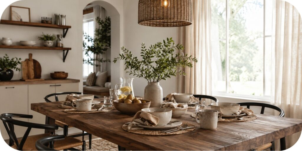 A cozy breakfast nook featuring a warm table setting with ceramic dishes, cloth napkins, glassware, a greenery centerpiece, natural wood table, open shelving, and soft window light.