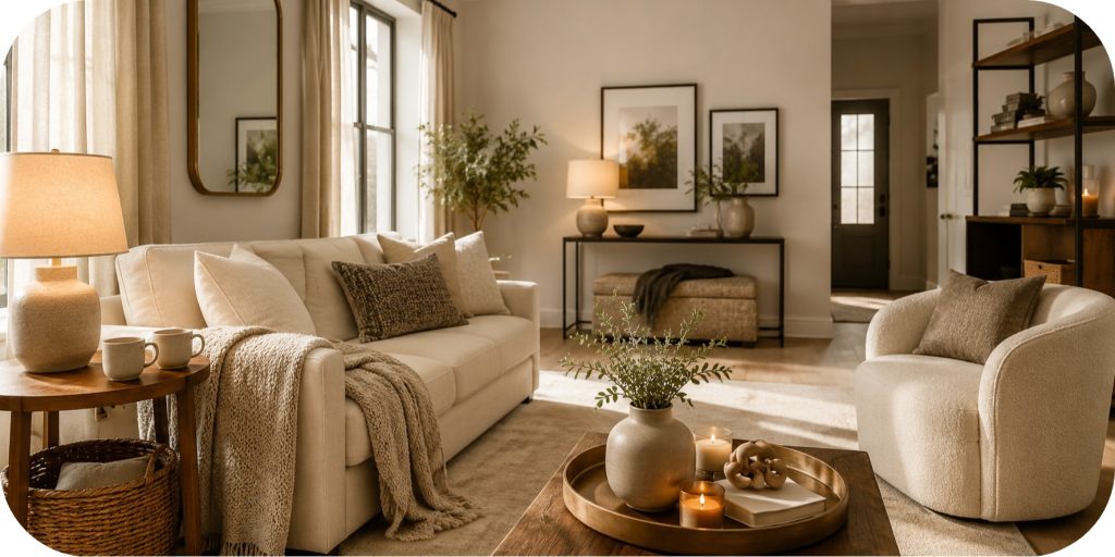 Small apartment living room corner with a cream sofa, accent chair, neutral pillows, textured throw blanket, warm wood table, soft rug, mirror, and woven basket.