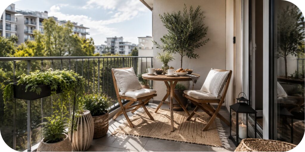 A bright balcony breakfast nook featuring a small bistro table, comfortable chairs, greenery, woven outdoor rug, and soft neutral décor.