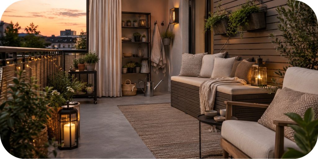 Narrow apartment balcony with an outdoor storage bench, cream pillows, vertical planters, lanterns, textured rug, woven baskets, and cozy evening lighting.