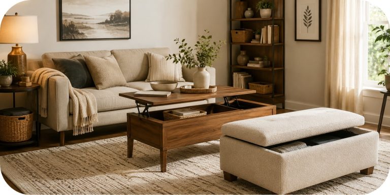 Cozy neutral small living room with a cream storage ottoman, lift-top wood coffee table, beige sofa, woven baskets, and warm layered décor.