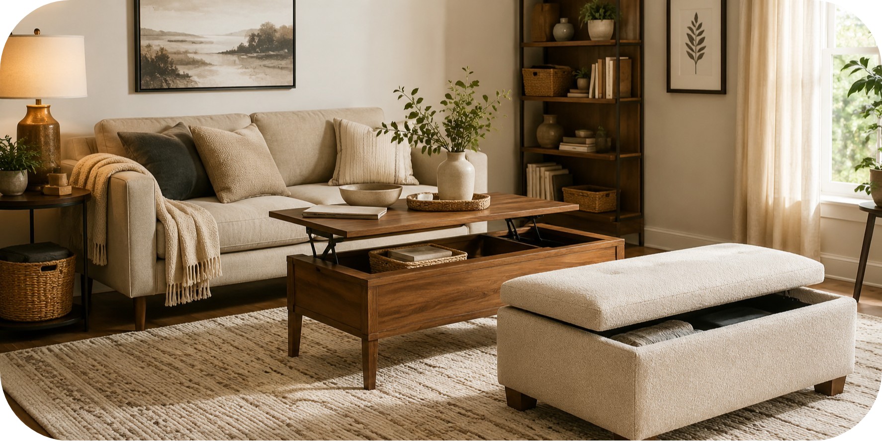 Cozy neutral small living room with a cream storage ottoman, lift-top wood coffee table, beige sofa, woven baskets, and warm layered décor.