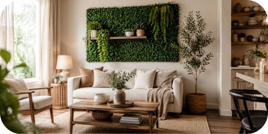 Small apartment living room with a cream sofa, warm wood coffee table, neutral textiles, and a renter-friendly greenery wall above the seating area.