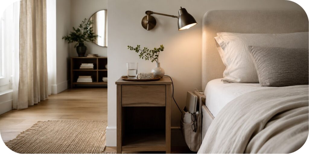 Compact neutral bedroom with a narrow wood nightstand, adjustable bronze wall sconce, bedside organizer, water glass, greenery, and soft linen bedding.