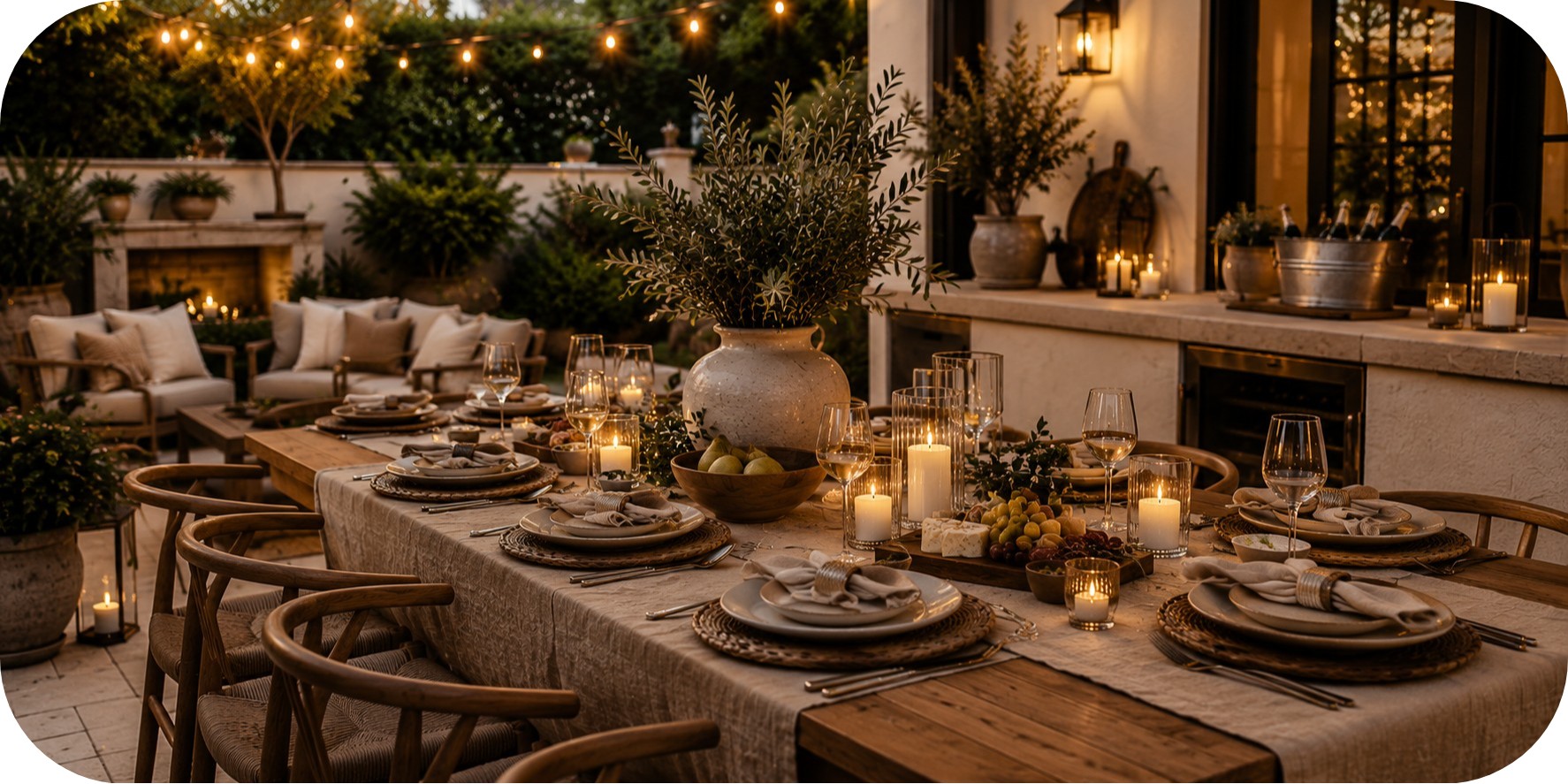 Outdoor dining table with ceramic plates, woven chargers, linen napkins, candles, greenery centerpiece, lounge seating, and warm twilight lighting.