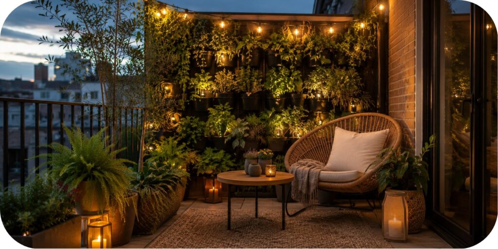 A balcony retreat with a lush vertical garden wall, outdoor lounge chair, textured rug, planters, string lights, and warm ambient lighting.