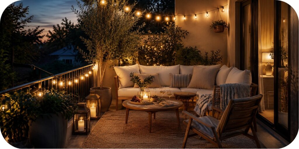 A cozy evening balcony entertaining area with outdoor seating, a small table, string lights, lanterns, greenery, and layered outdoor textures.