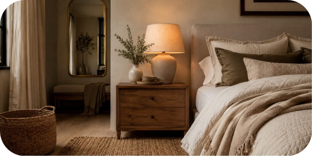 Cozy bedside scene with a wood nightstand, ceramic lamp, layered ivory bedding, textured pillows, neutral throw, woven basket, mirror, and soft evening light.