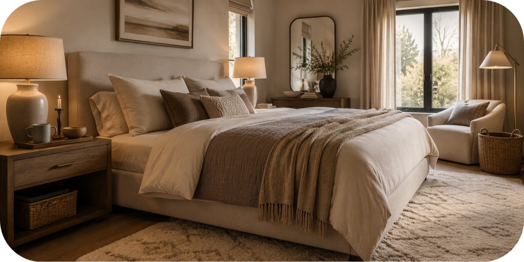Warm neutral bedroom with an upholstered bed, cream bedding, taupe quilt, textured throw blanket, table lamps, woven basket, soft rug, and greenery.