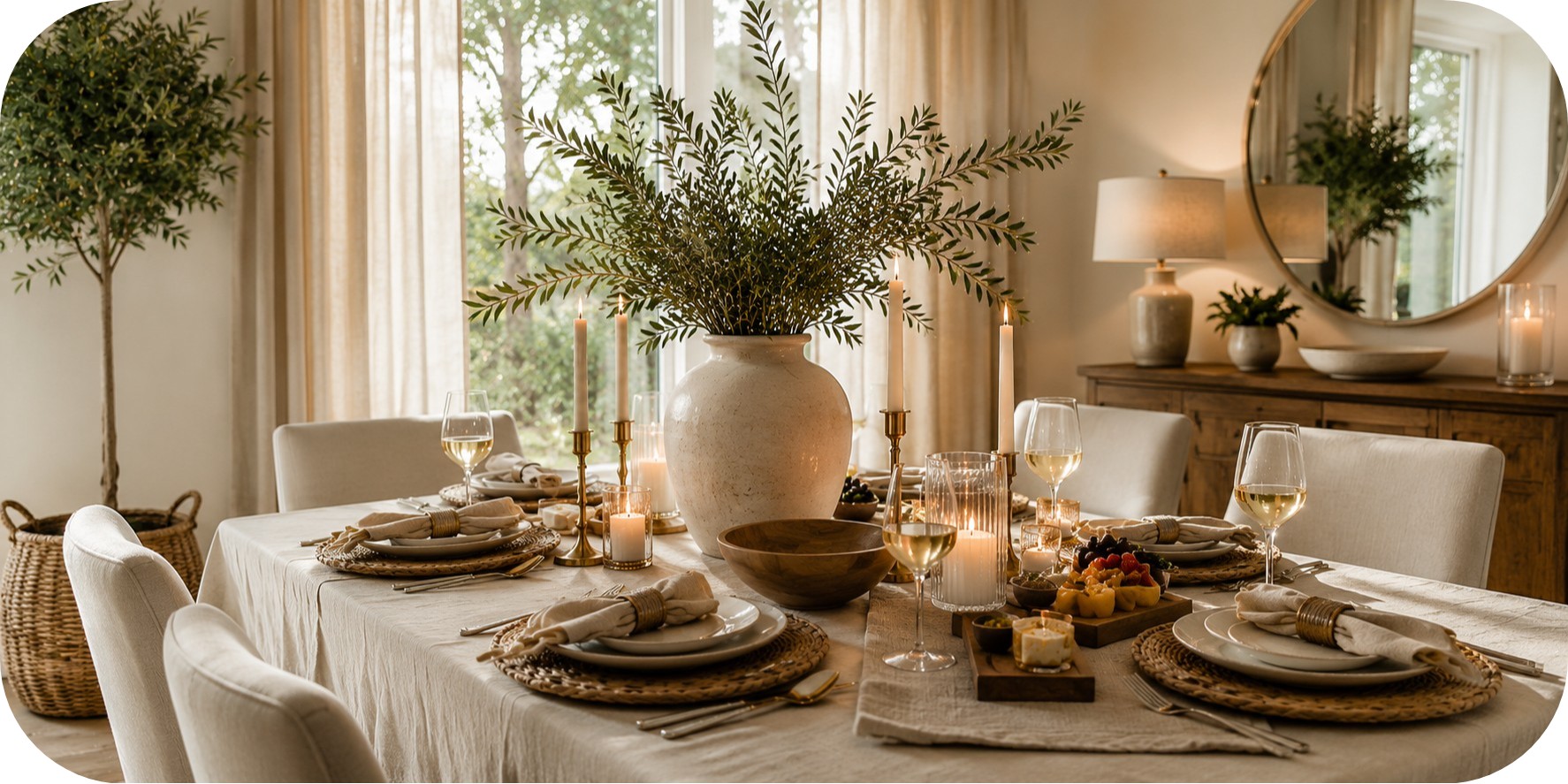 Indoor dining room with a neutral tablescape, ceramic plates, candles, greenery centerpiece, warm wood sideboard, linen curtains, and soft natural light.