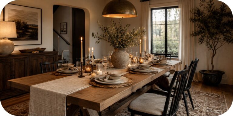 A warm neutral dining room table setting with a linen runner, ceramic dinnerware, woven placemats, candles, glassware, greenery, and natural wood details creating an inviting entertaining space.