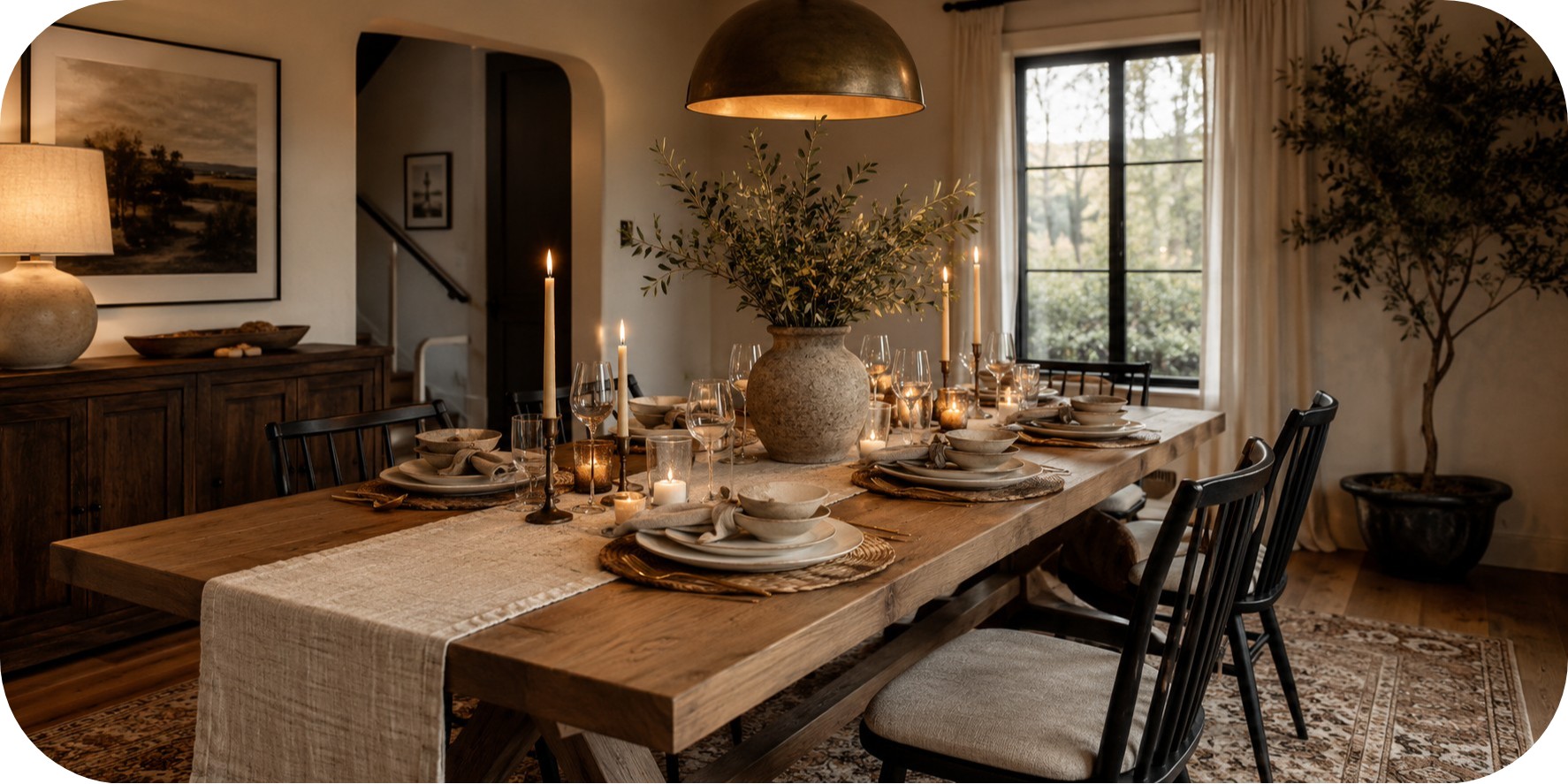 A warm neutral dining room table setting with a linen runner, ceramic dinnerware, woven placemats, candles, glassware, greenery, and natural wood details creating an inviting entertaining space.