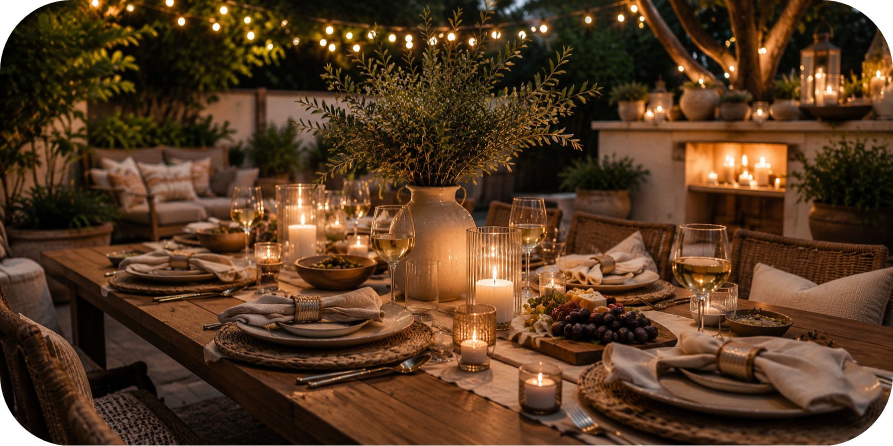 Outdoor dining table with woven placemats, ceramic plates, glowing candles, string lights, greenery, and cozy seating at dusk.