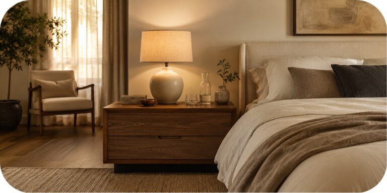 Warm primary bedroom with a wood nightstand, linen-shade lamp, water carafe, storage box, greenery, and layered neutral bedding.