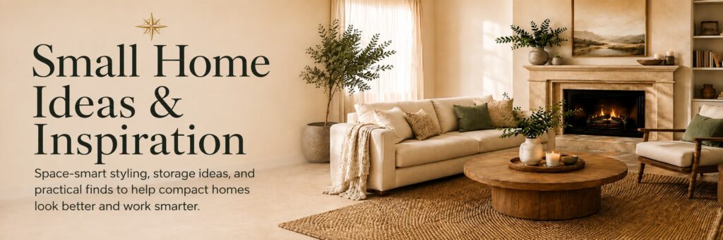 Warm neutral small living room with cream sofa, wood coffee table, fireplace, layered textiles, greenery, and the message “Small Home Ideas & Inspiration.”