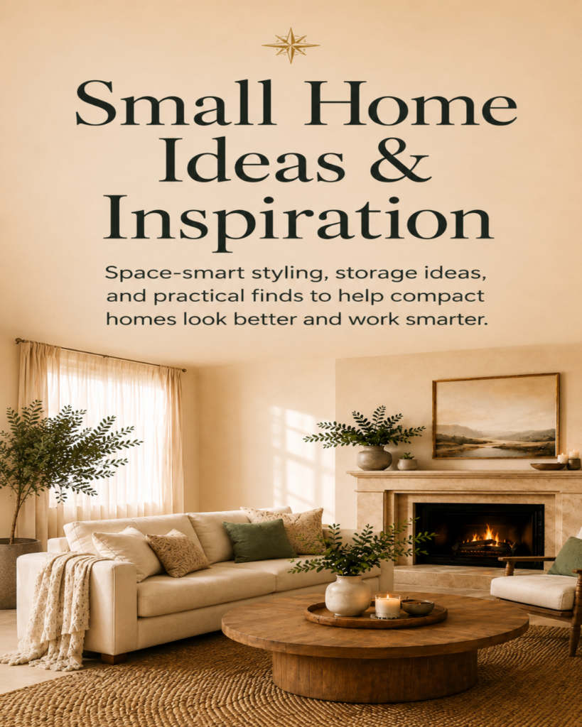 Mobile-friendly warm small living room with cream sofa, fireplace, natural wood coffee table, textured rug, greenery, and small-space styling ideas.