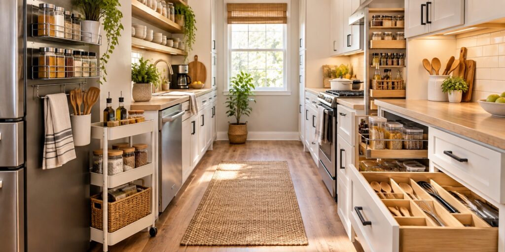 Small apartment kitchen with mostly clear counters, magnetic storage, floating shelves, organized drawers, and a slim rolling cart.