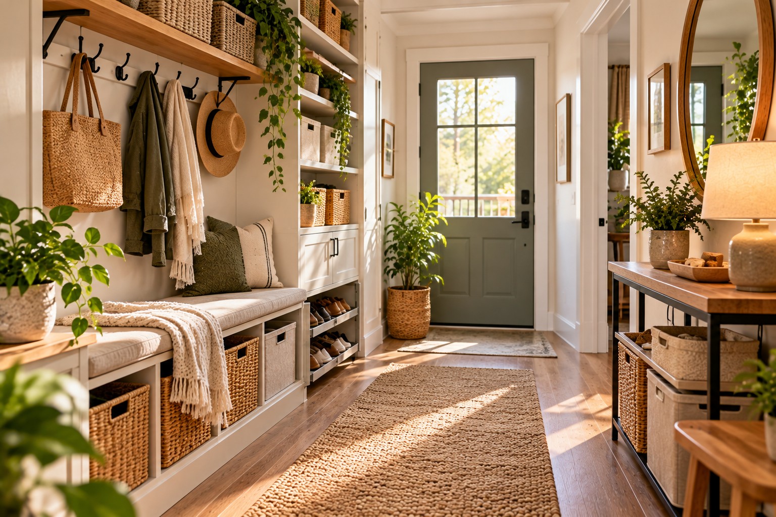 Narrow entryway with storage bench, shoe storage, wall hooks, baskets, console table, and vertical organization.