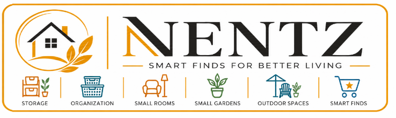 Nentz logo with a house-and-leaf emblem, the tagline “Smart Finds for Better Living,” and icons for storage, organization, small rooms, small gardens, outdoor spaces, and smart finds.