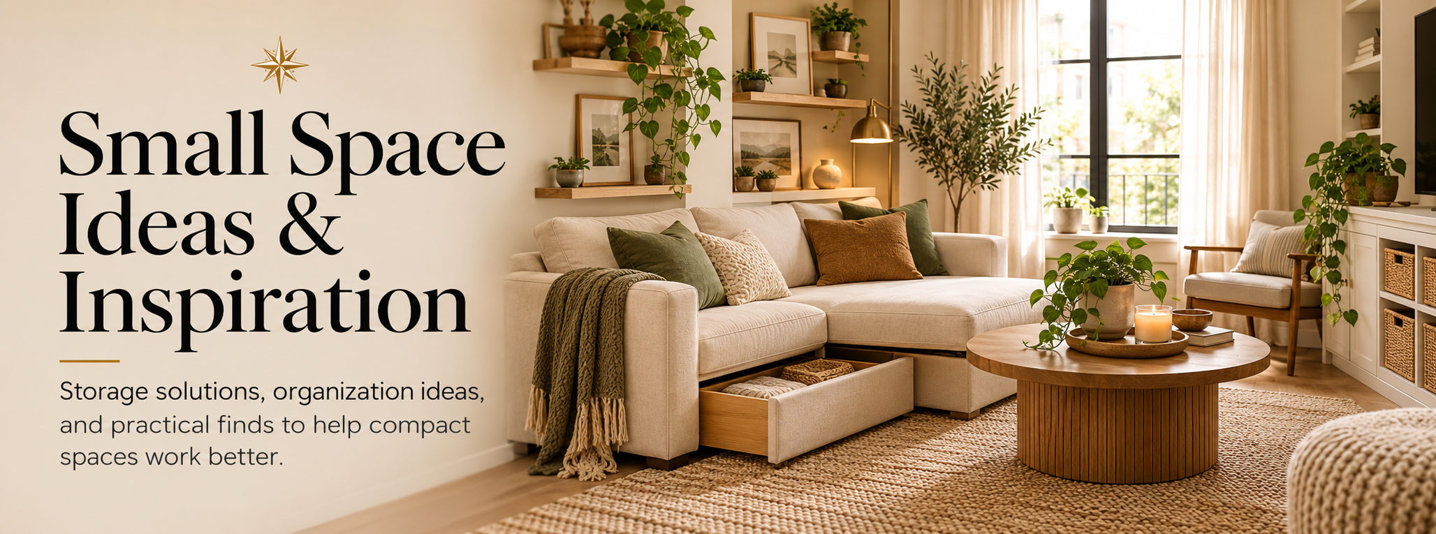 Cozy small-space living room with built-in storage, compact furniture, plants, and organized shelving, alongside the text “Small Space Ideas & Inspiration.”