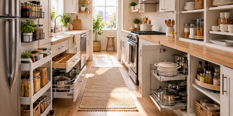 Small kitchen with open upper and lower cabinets showing shelf risers, pull-out organizers, turntables, and neatly arranged storage containers