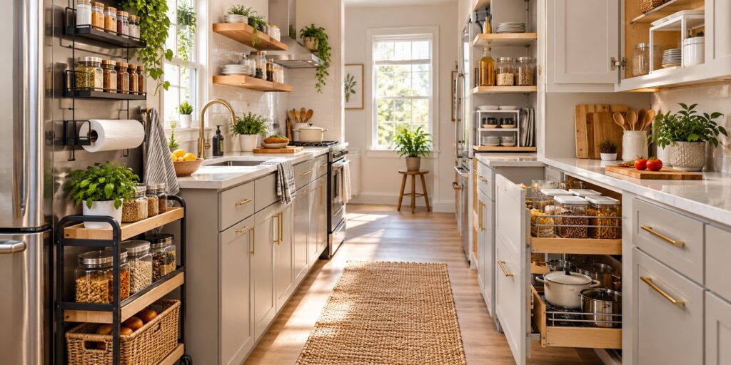 Narrow galley kitchen using a slim rolling cart beside the refrigerator for pantry items, jars, and everyday kitchen storage.