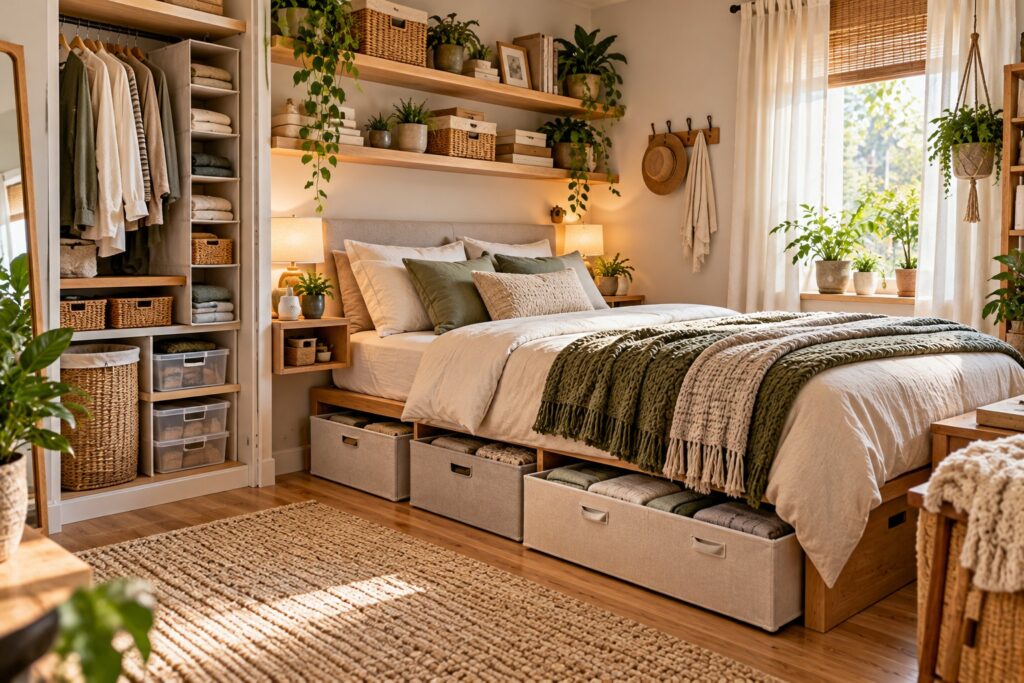 Cozy small bedroom with under-bed storage bins, open shelving, baskets, hanging storage, and compact bedside furniture.