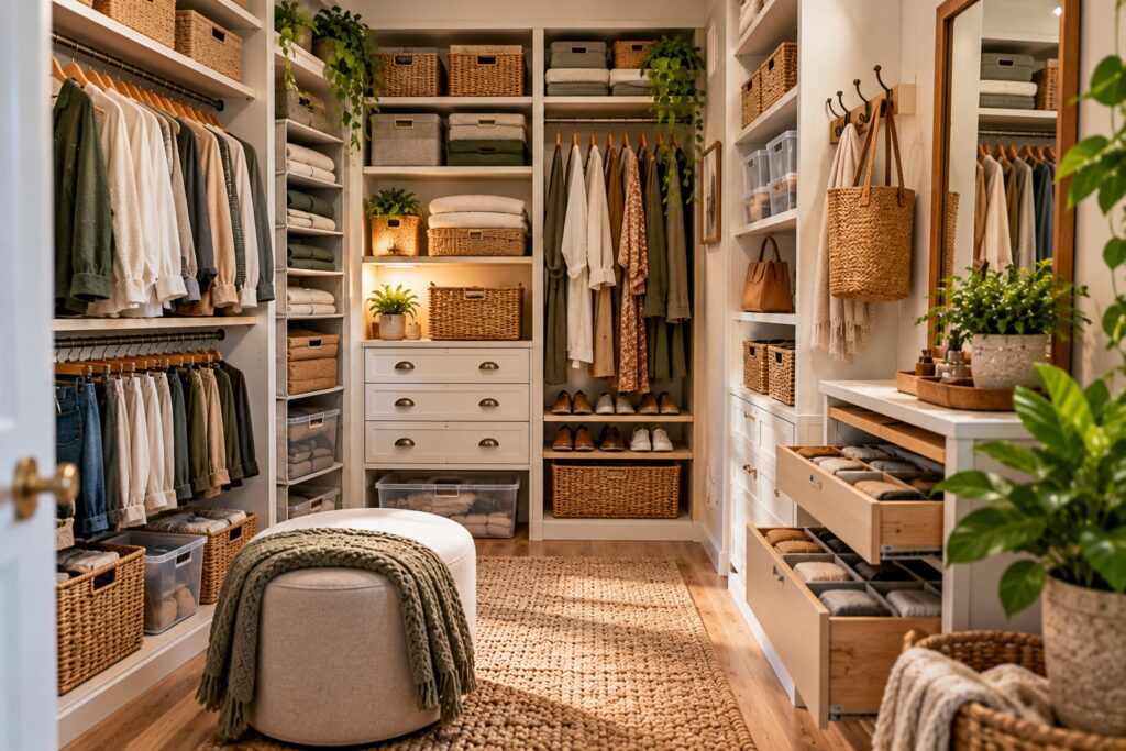 Compact walk-in closet with floor-to-ceiling shelving, hanging storage, shoe racks, baskets, drawers, and neatly organized clothing.