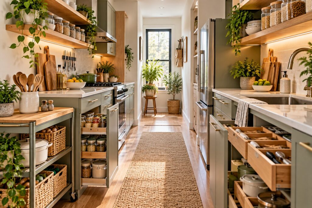Narrow galley kitchen with open shelves, pull-out organizers, storage jars, rolling cart, and space-saving kitchen storage.