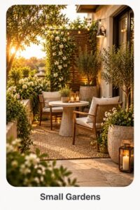 Small balcony garden with compact table and chairs, potted plants, vertical greenery, and warm golden-hour light.