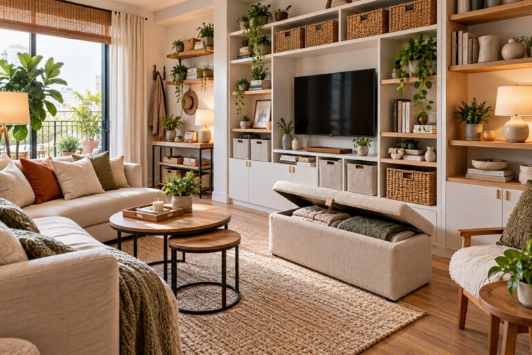 Small apartment living room with wall-to-wall shelving, woven baskets, hidden storage ottoman, and compact furniture arranged to maximize space.