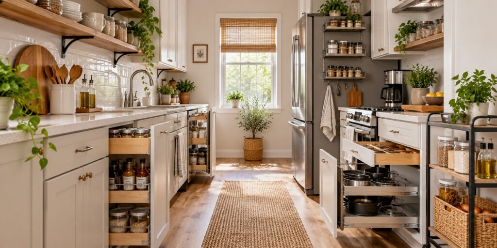 Compact pantry area with stackable bins, storage jars, woven baskets, turntables, and organized shelves in a small kitchen.