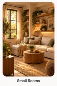 Cozy small living room with compact seating, wall shelves, built-in window storage, plants, and a warm neutral palette.