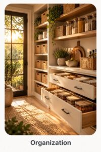 Organized pantry with open shelves, glass containers, woven baskets, turntable storage, and neatly arranged dry goods.