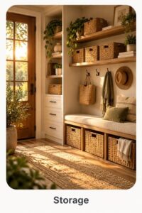 Warm small entryway with built-in bench storage, woven baskets, wall hooks, shelving, and compact organization.