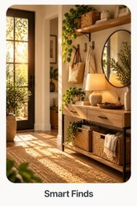 Stylish small entryway with compact storage furniture, woven baskets, wall hooks, plants, and practical space-saving accessories.